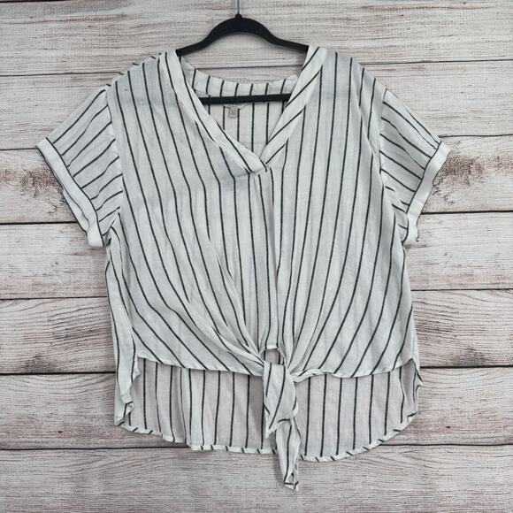 Lucky Brand Linen Blend Striped Tie Front Blouse Women's Size XL White/Black NEW - Picture 1 of 8